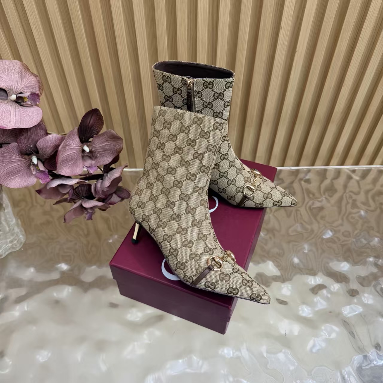 Gucci Women’s Donna Bootie in Brown Monogram Leather High-Heeled Ankle Boots